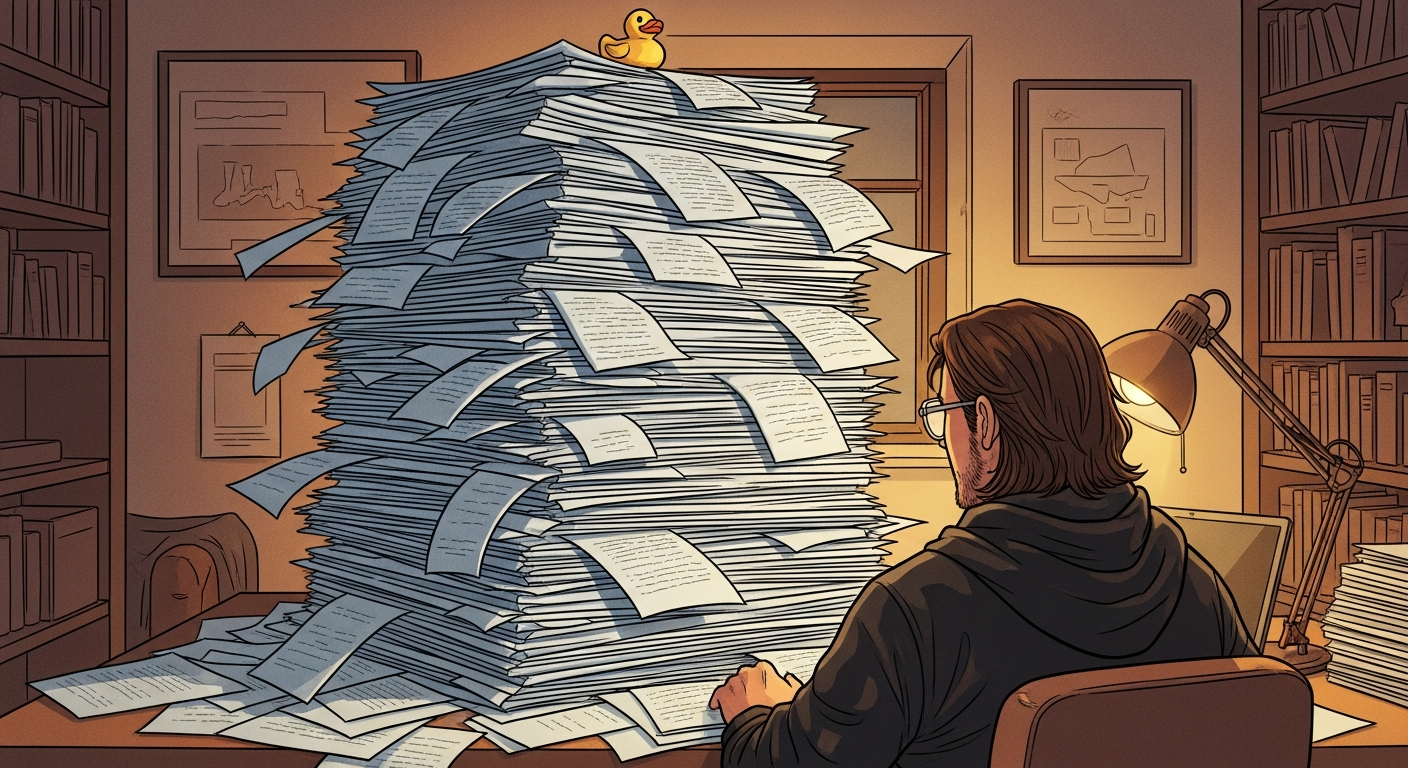 Code is still a liability: a deck of paper on my desk